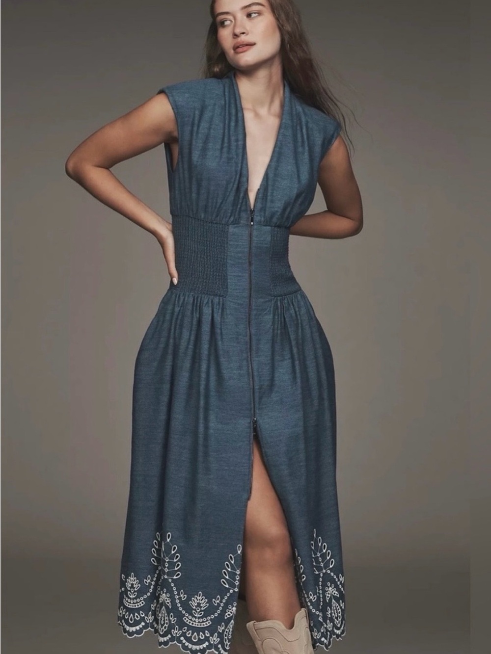 NWT Anthropologie Tommie  Blue Embroidered Midi Dress with Zip Front